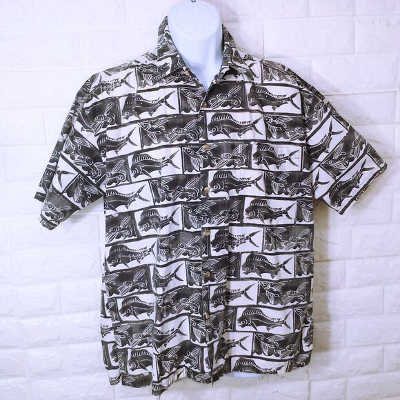 Vintage 90s Kahala Aloha Shirt -M Buttons Pocket SSL Vents Mahi Flying Fish - Picture 1 of 12